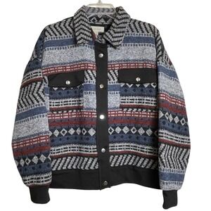 Charlie Paige Mens Geometric Print Button Up Shirt Jacket Blue Gray Red M